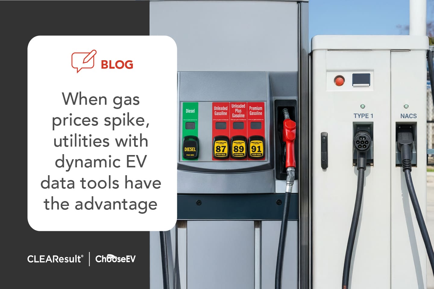 hero image of charging station with text "When gas prices spike, utilities with dynamic EV data tools have the advantage" 