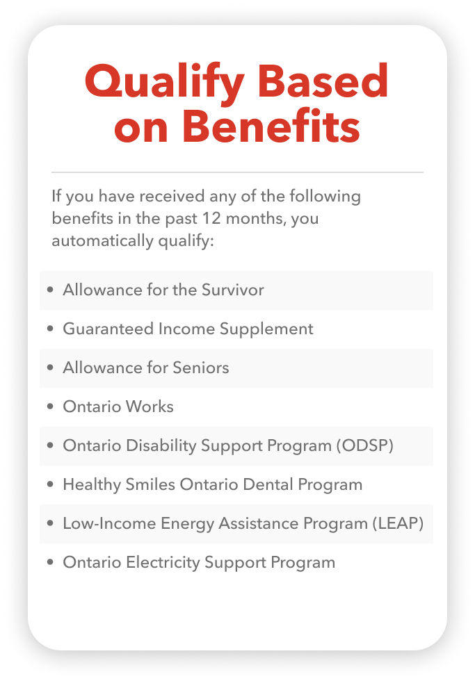 If you have received any of the following benefits in the past 12 months, you automatically qualify:   •   Allowance for the Survivor •   Guaranteed Income Supplement •   Allowance for Seniors •   Ontario Works •   Ontario Disability Support Program (ODSP) •   Healthy Smiles Ontario Child Dental Program •   Low-Income Energy Assistance Program (LEAP) •   Ontario Electricity Support Program (OESP)